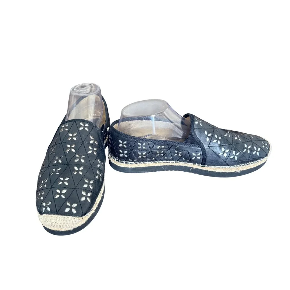 Michael Kors Black Leather‎ Laser Cut Floral Espadrille Platform Slip On Shoes